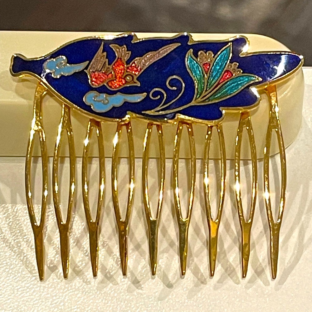 Vintage Cloisonné Bird & Floral Hair Comb